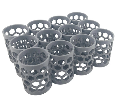 Set of gray honeycomb-patterned caulking tube holders on a white background
