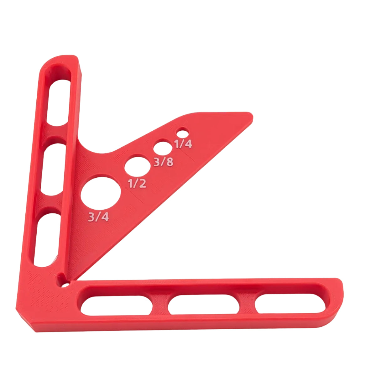Red L-shaped tool with measurement markings on a white background