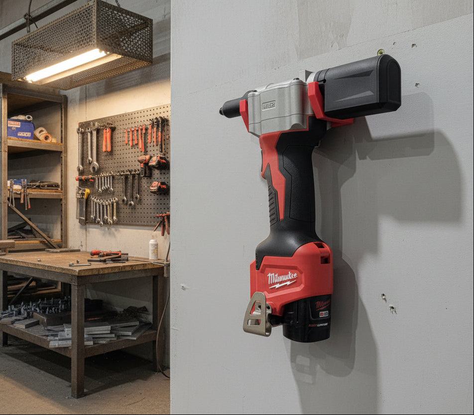 Red and black Milwaukee M12 rivet tool on a wall in a fabrication shop