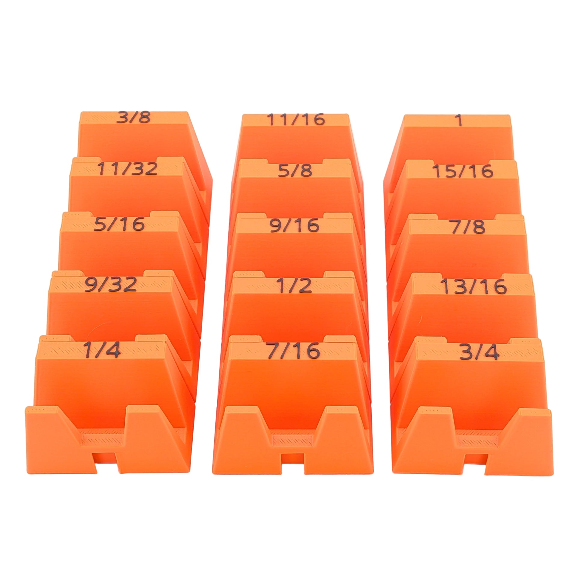 Set of orange wrench organizers with fractions labeled on a white background