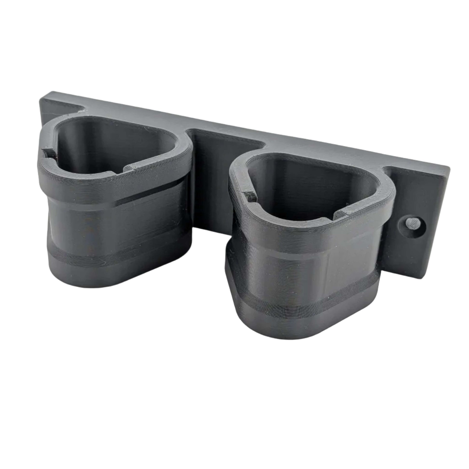 Black plastic M12 battery holder on a white background
