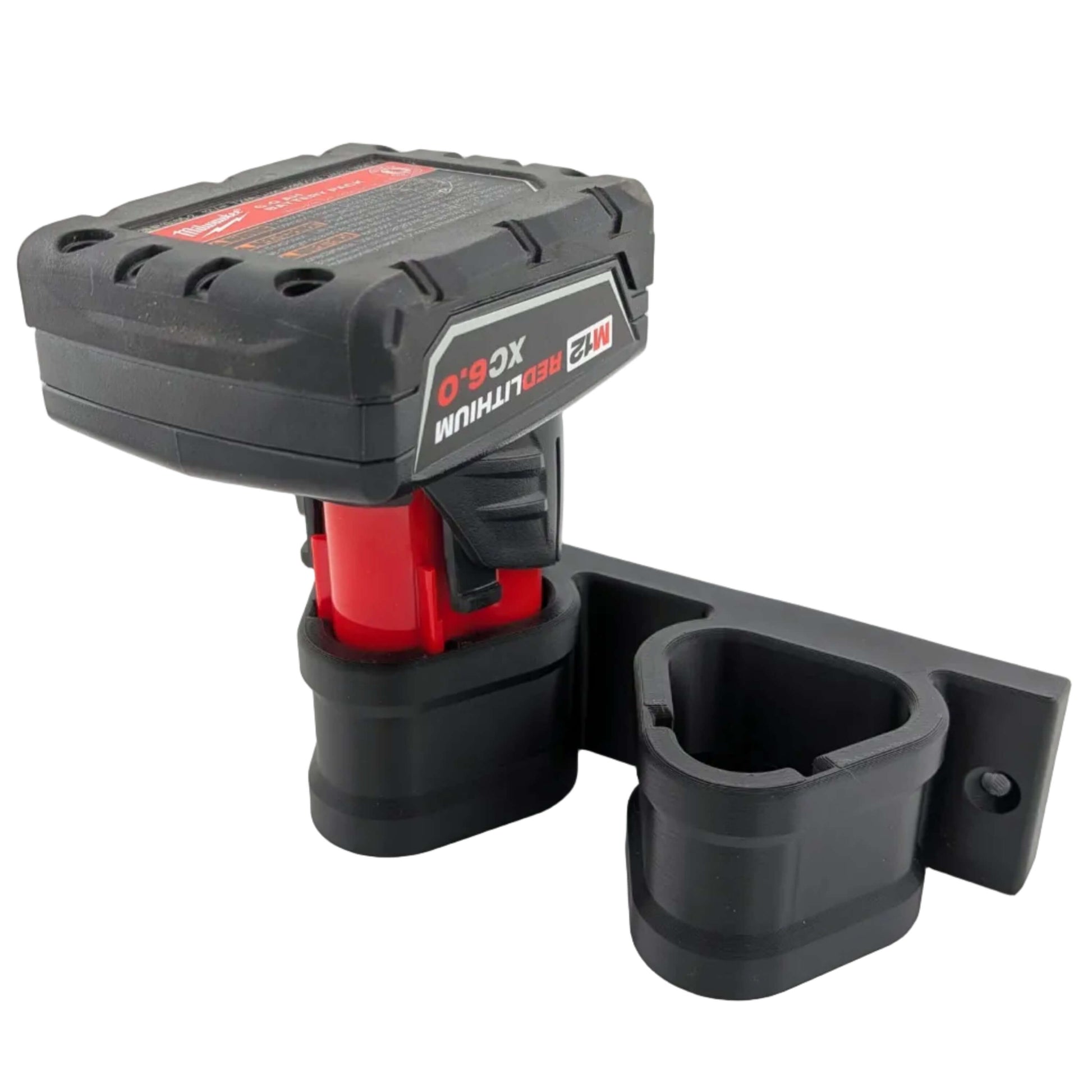 Black M12 Milwaukee battery mount holding one M12 battery.