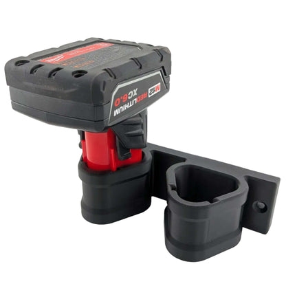 Black M12 Milwaukee battery mount holding one M12 battery.