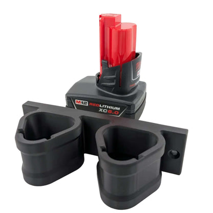 Black and red tool holder with batteries on a white background
