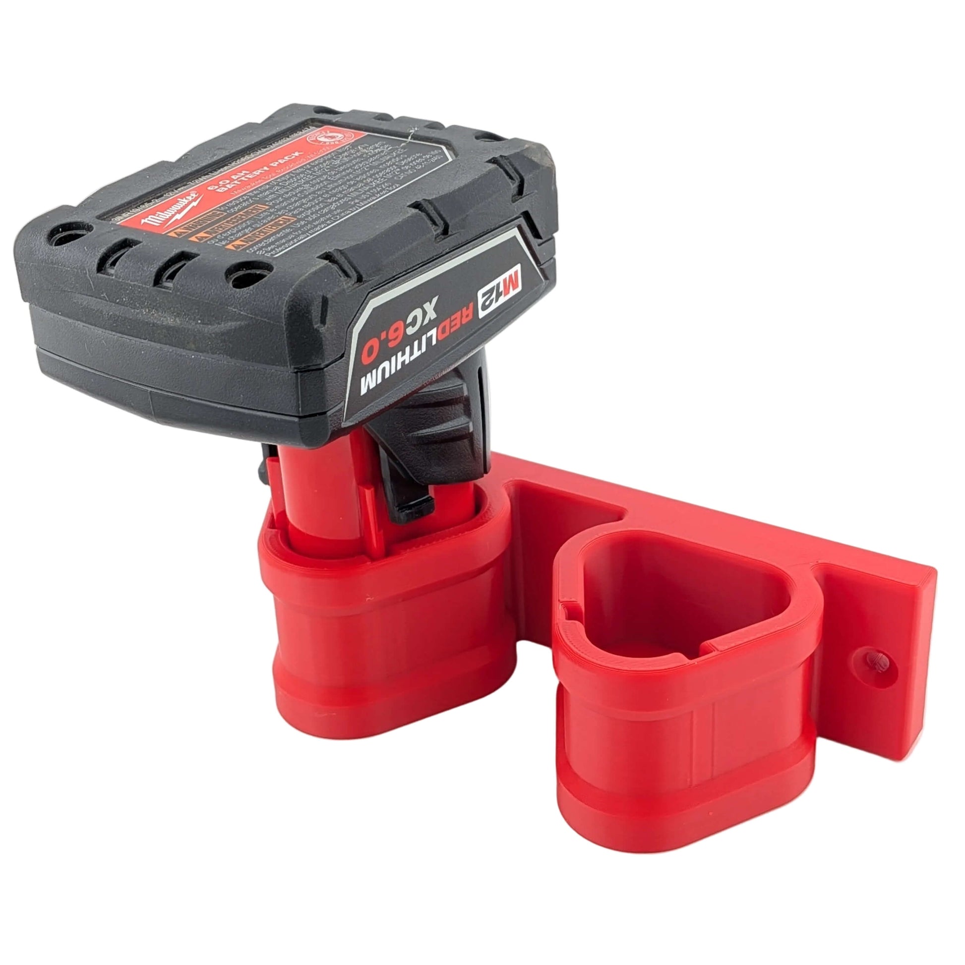 Red Milwaukee M12 magnetic battery holder on a white background
